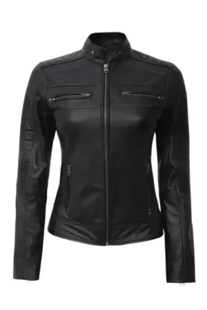 Women’s Black Leather Cafe Racer Biker Jacket