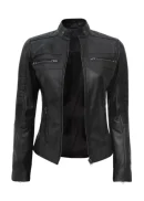 Women’s Black Leather Cafe Racer Biker Jacket