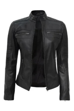 Women’s Black Leather Cafe Racer Biker Jacket