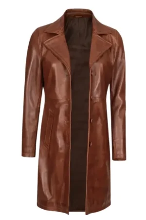 Womens Cognac Lambskin Leather Long Coat