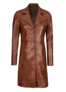 Womens Cognac Lambskin Leather Long Coat