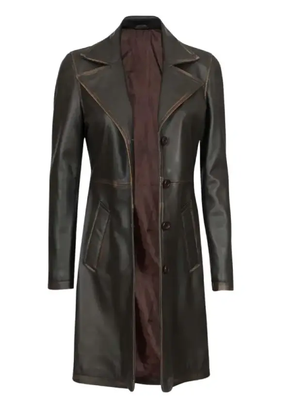 Women’s Dark Brown Distressed Leather Long Coat 2 Women’s Dark Brown Distressed Leather Long Coat - Image 2
