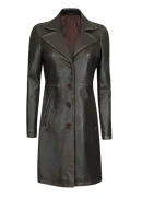Women’s Dark Brown Distressed Leather Long Coat