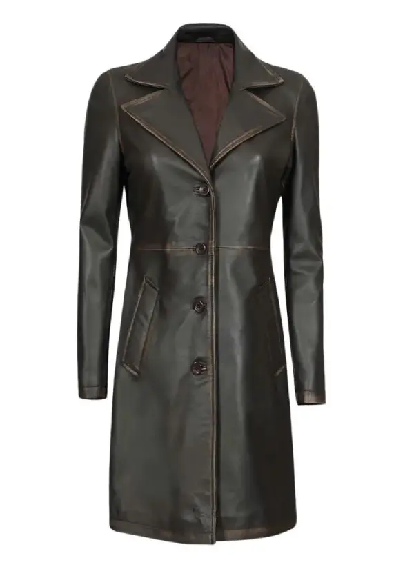 Women’s Dark Brown Distressed Leather Long Coat 1 Women’s Dark Brown Distressed Leather Long Coat