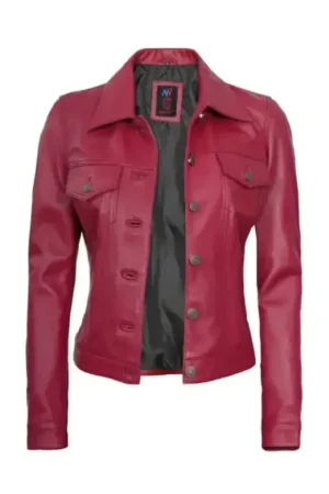 Women’s Pink Leather Trucker Jacket