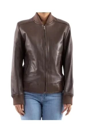 Women’s Real Lambskin Leather Bomber Jacket Brown
