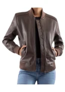 Women’s Real Lambskin Leather Bomber Jacket Brown