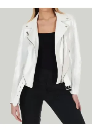 Womens White Leather Moto Jacket