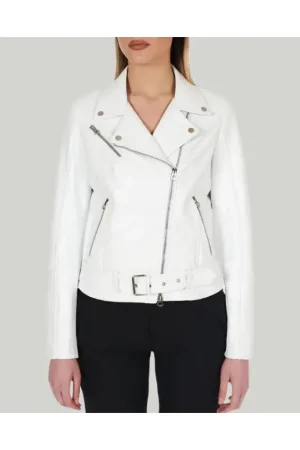Womens White Leather Moto Jacket