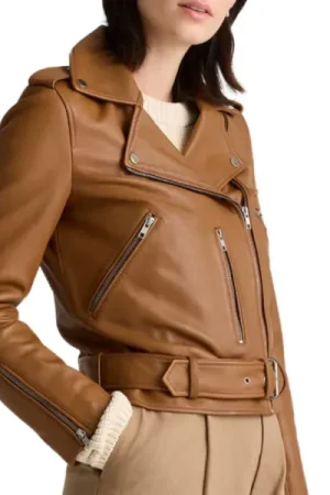 Asymmetrical Brown Leather Biker Jacket Womens