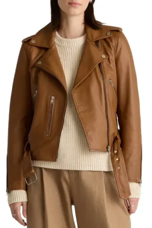 Asymmetrical Brown Leather Biker Jacket Womens