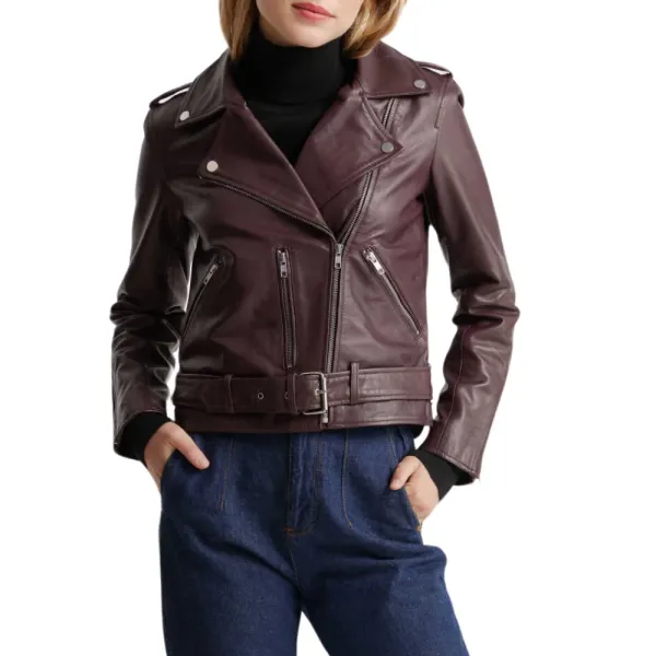 Asymmetrical Biker Burgundy Leather Jacket Womens 2 Asymmetrical Biker Burgundy Leather Jacket Womens - Image 2