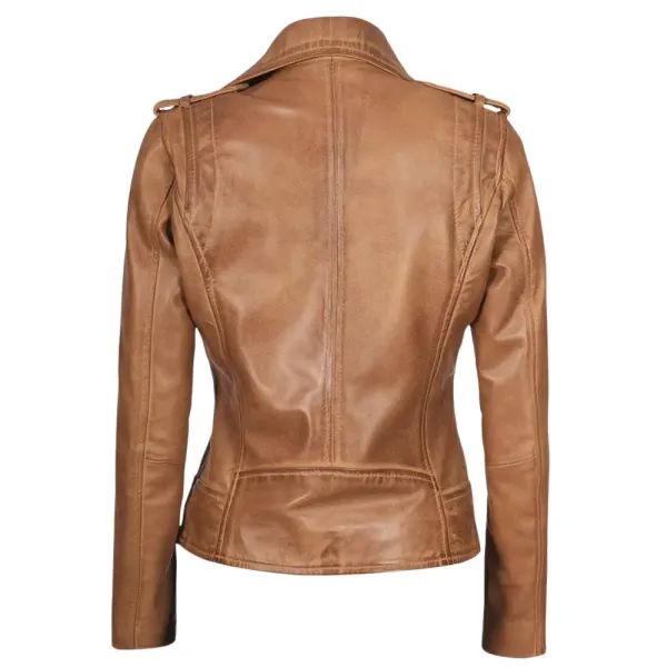Asymmetrical Camel Leather Moto Jacket For Womens 3 Asymmetrical Camel Leather Moto Jacket For Womens - Image 3