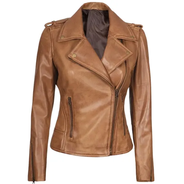 Asymmetrical Camel Leather Moto Jacket For Womens 4 Asymmetrical Camel Leather Moto Jacket For Womens - Image 4