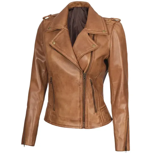 Asymmetrical Camel Leather Moto Jacket For Womens 2 Asymmetrical Camel Leather Moto Jacket For Womens - Image 2