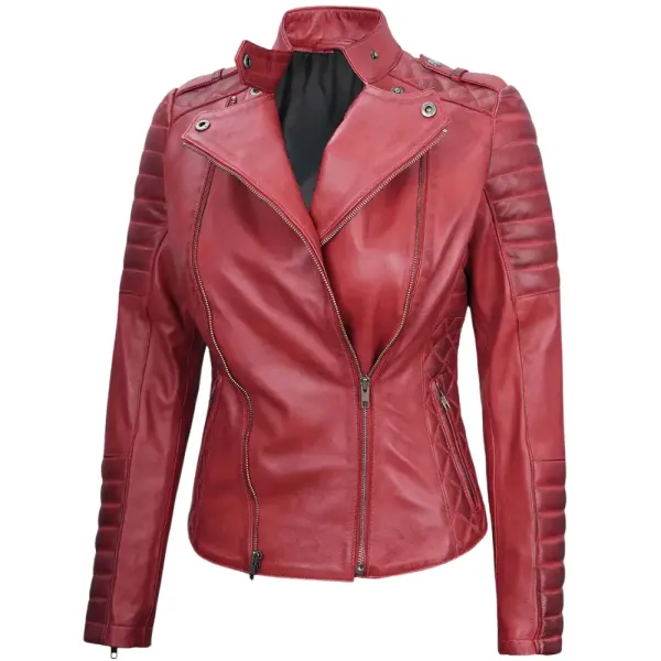 Red Asymmetrical Moto Padded Leather Jacket For Womens 3 Red Asymmetrical Moto Padded Leather Jacket For Womens - Image 3
