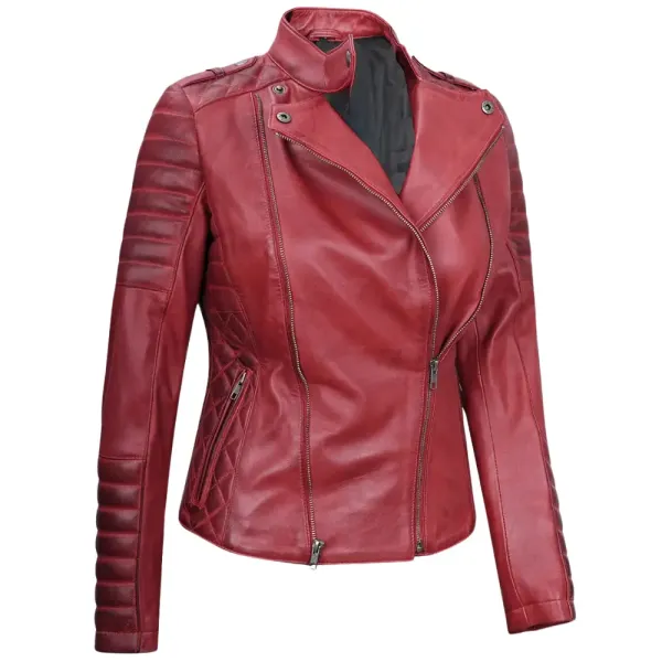 Red Asymmetrical Moto Padded Leather Jacket For Womens 4 Red Asymmetrical Moto Padded Leather Jacket For Womens - Image 4