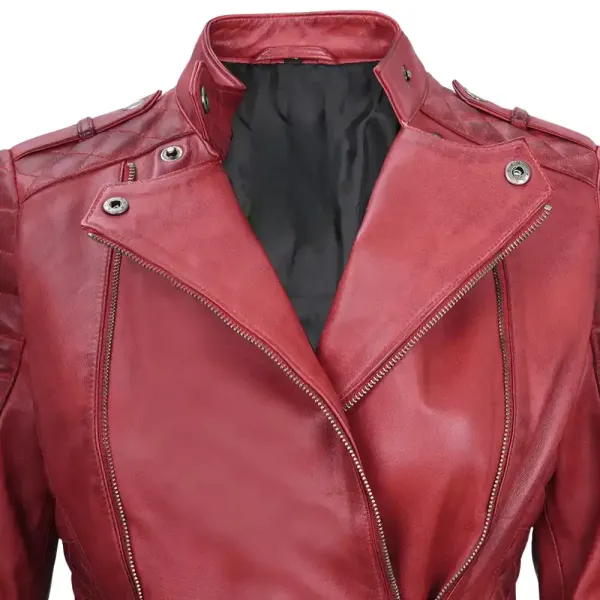 Red Asymmetrical Moto Padded Leather Jacket For Womens 6 Red Asymmetrical Moto Padded Leather Jacket For Womens - Image 6