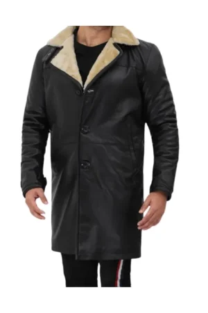3/4 Length Black Shearling Leather Coat Mens