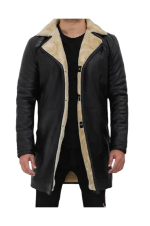 3/4 Length Black Shearling Leather Coat Mens