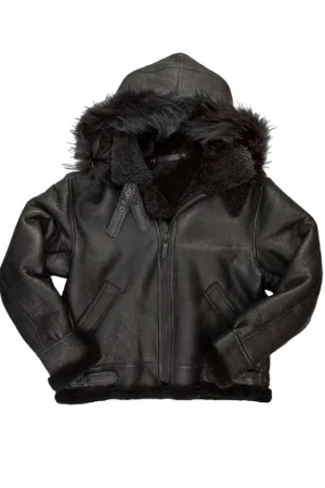 B3 Black Hooded Shearling Bomber Jacket