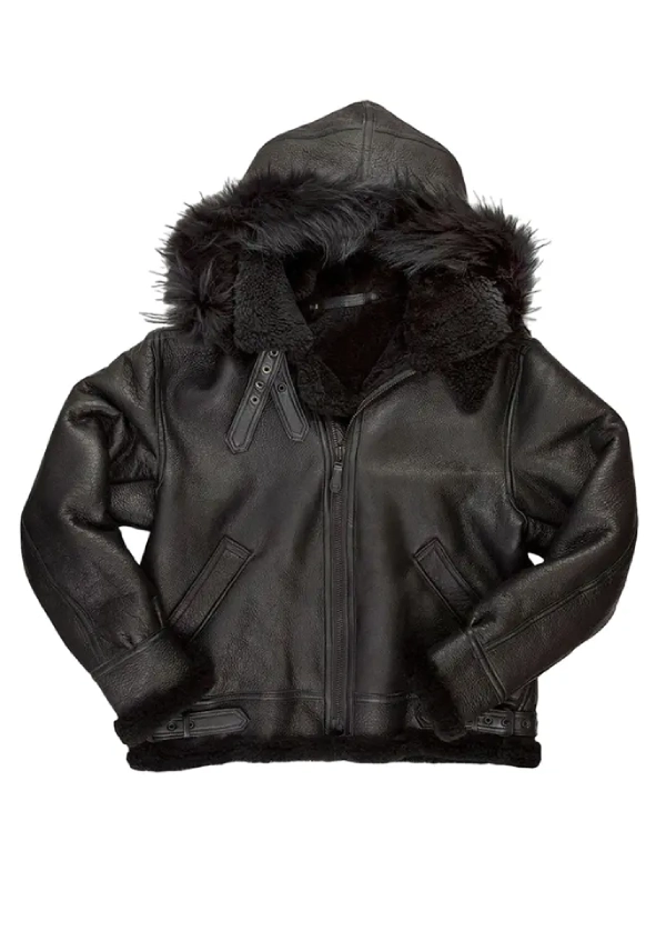B3 Black Hooded Shearling Bomber Jacket 2 B3 Black Hooded Shearling Bomber Jacket - Image 2