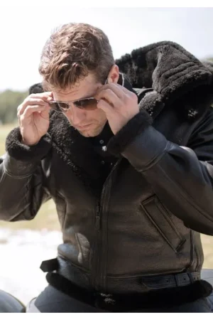 B3 Black Hooded Shearling Bomber Jacket