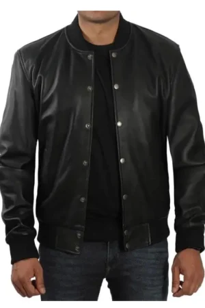 Black Bomber Leather Jacket Mens