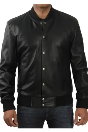 Black Bomber Leather Jacket Mens