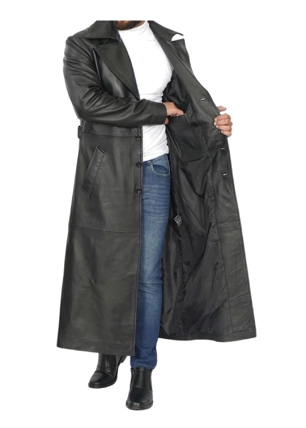 Black Long Leather Trench Coat Mens 2 Black Long Leather Trench Coat Mens - Image 2