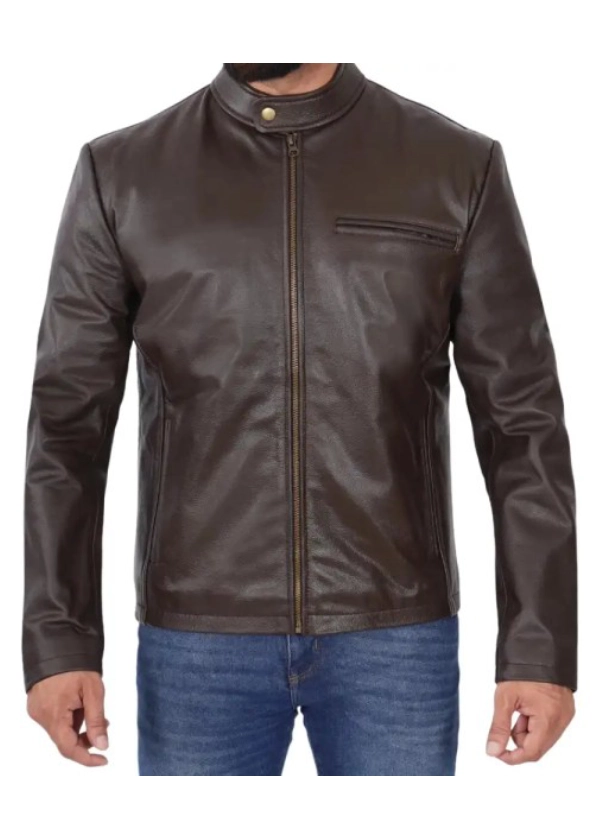 Brown Cowhide Leather Cafe Racer Jaket Mens 2 Brown Cowhide Leather Cafe Racer Jaket Mens