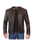 Brown Cowhide Leather Cafe Racer Jaket Mens