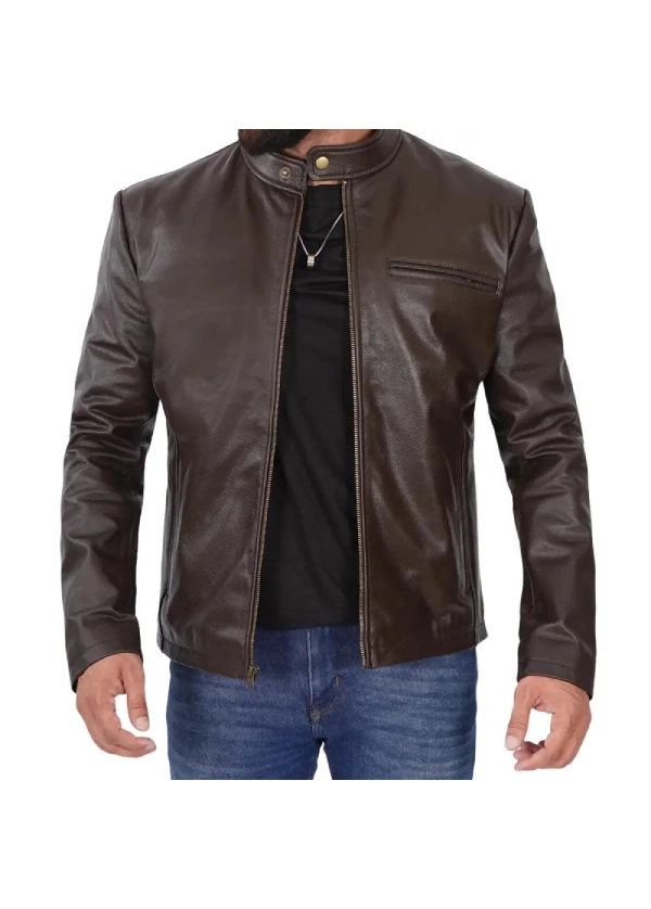 Brown Cowhide Leather Cafe Racer Jaket Mens 1 Brown Cowhide Leather Cafe Racer Jaket Mens