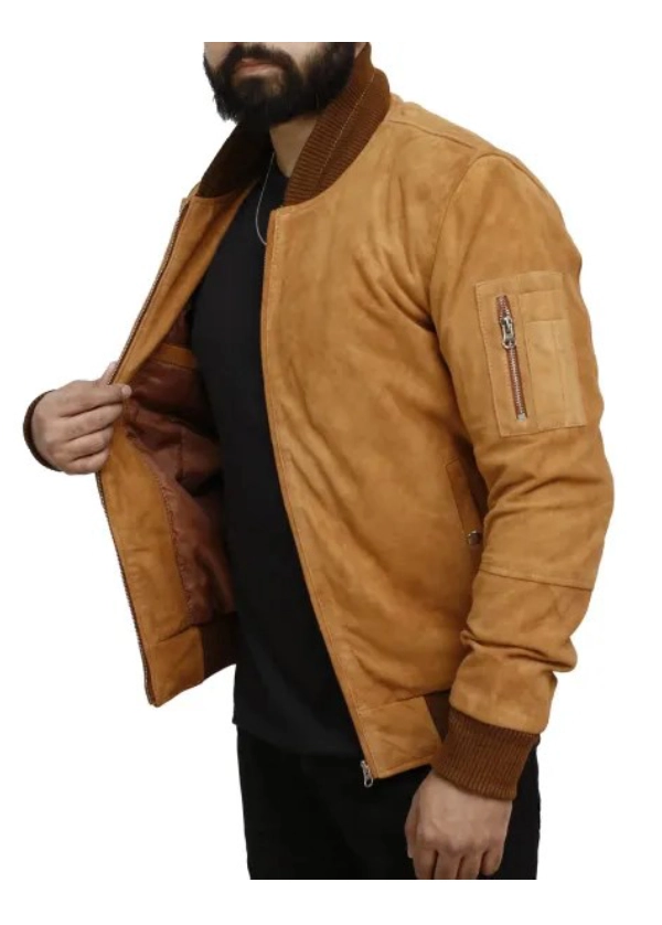 Brown Suede Bomber Jacket Mens 2 Brown Suede Bomber Jacket Mens - Image 2