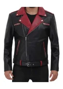 Burgundy And Black Leather Biker Jacket Mens