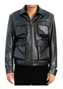 Cargo Pocketed Black Leather Jacket Mens