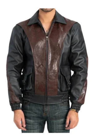 Leather Black And Brown Bomber Jacket Mens