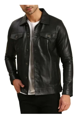 Leather Black Trucker Jacket Mens