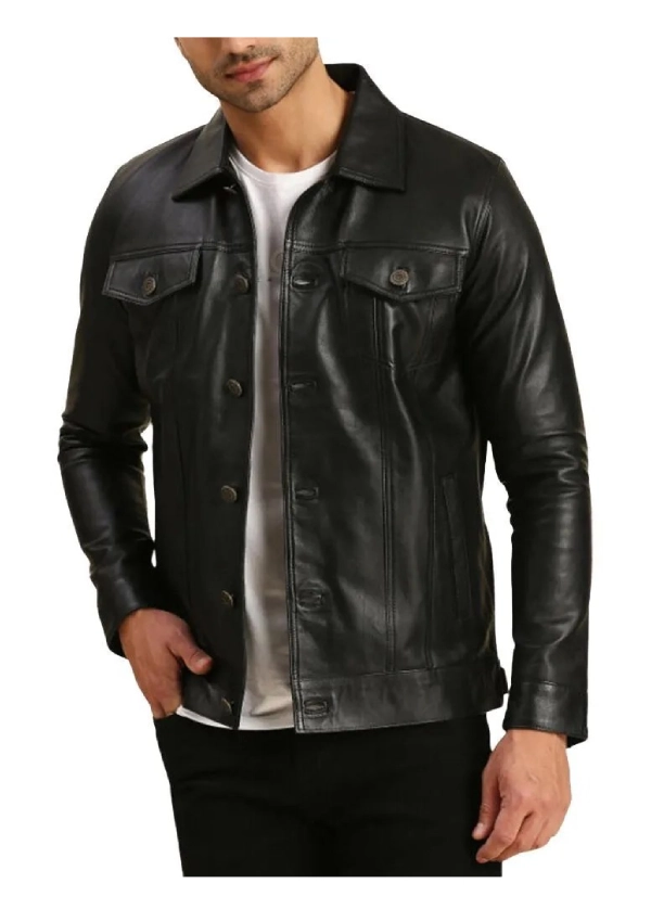 Leather Black Trucker Jacket Mens 2 Leather Black Trucker Jacket Mens - Image 2