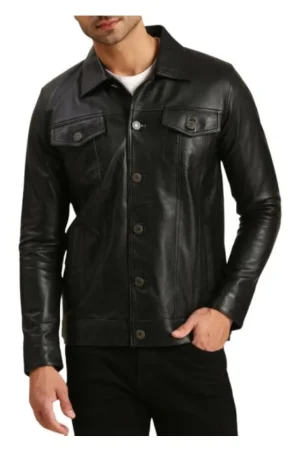Leather Black Trucker Jacket Mens