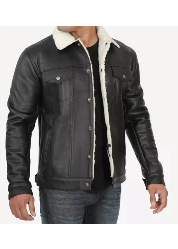Men Lambskin Black Trucker Jacket with Faux Shearling 2 Men Lambskin Black Trucker Jacket with Faux Shearling