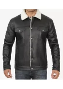 Men Lambskin Black Trucker Jacket with Faux Shearling
