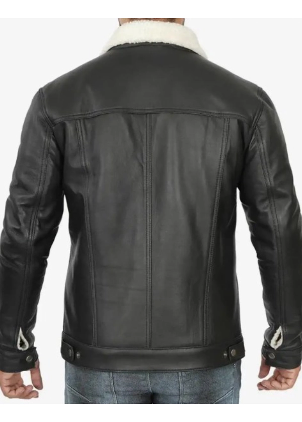 Men Lambskin Black Trucker Jacket with Faux Shearling 3 Men Lambskin Black Trucker Jacket with Faux Shearling - Image 3