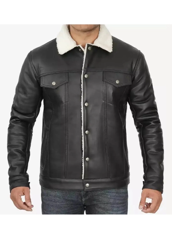 Men Lambskin Black Trucker Jacket with Faux Shearling 1 Men Lambskin Black Trucker Jacket with Faux Shearling