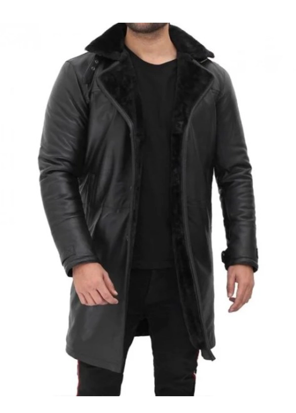 Men’s 3/4 Length Leather Black Shearling Coat 2 Men’s 3/4 Length Leather Black Shearling Coat
