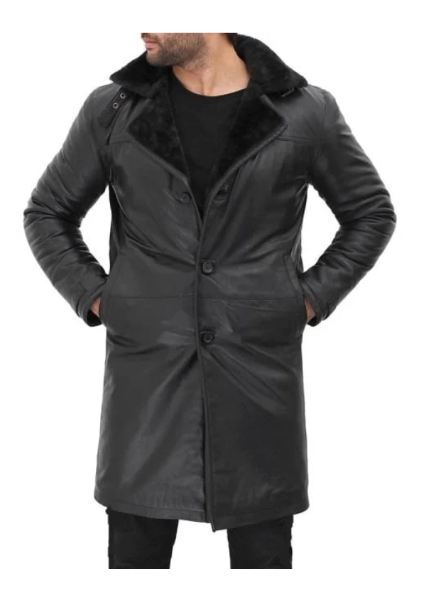 Men’s 3/4 Length Leather Black Shearling Coat 1 Men’s 3/4 Length Leather Black Shearling Coat