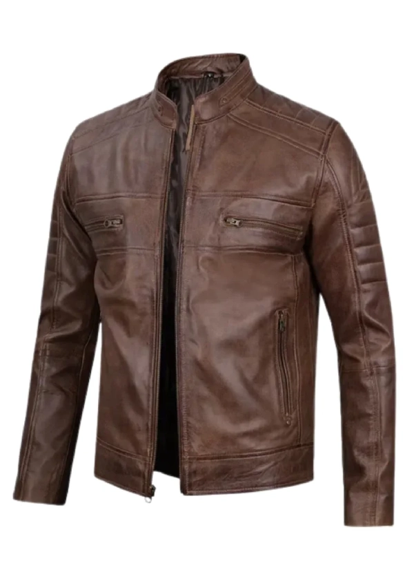 Mens Distressed Brown Cafe Racer Leather Jacket 3 Mens Distressed Brown Cafe Racer Leather Jacket - Image 3