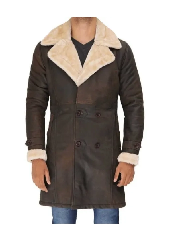 Mens Double Breasted Leather Brown Sherpa Coat 1 Mens Double Breasted Leather Brown Sherpa Coat