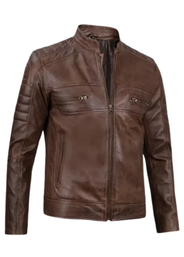 Mens Distressed Brown Cafe Racer Leather Jacket 4 Mens Distressed Brown Cafe Racer Leather Jacket - Image 4