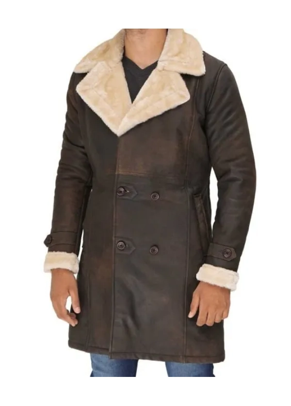 Mens Double Breasted Leather Brown Sherpa Coat 4 Mens Double Breasted Leather Brown Sherpa Coat - Image 4